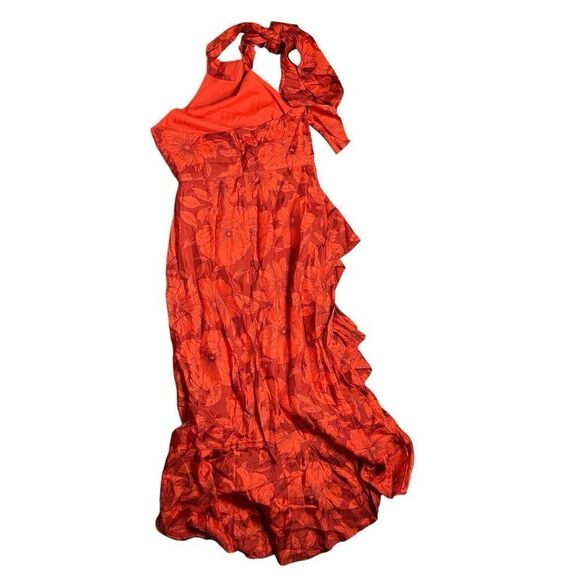 J Crew‎ Collection Dress WMNS 8 Red Floral Cupro Blend Halter Ruffle Open Back - Picture 10 of 13